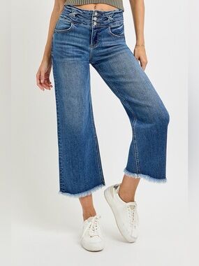 High-Rise Wide Leg Cropped Jeans in Medium Blue